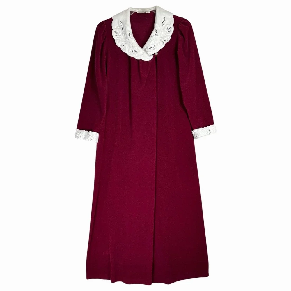 Vintage 70s Vanity Fair Burgundy Maxi Housecoat‎ Robe 1/3 Zip Embroidered Size S